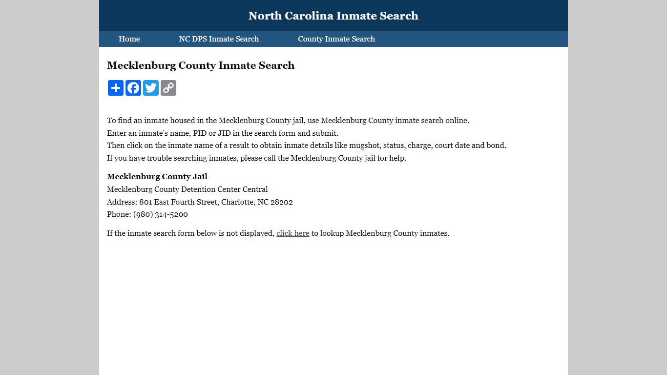 Mecklenburg County Inmate Search - North Carolina Inmate Search